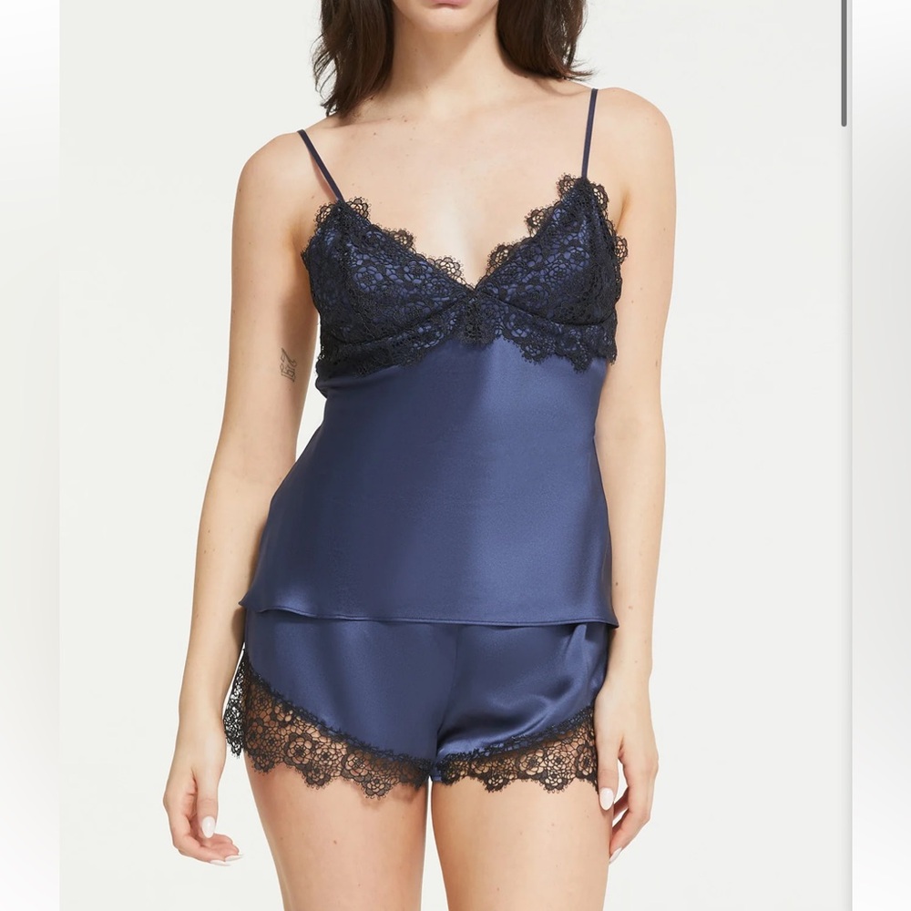 NWT Ginia Little Miss Lace Trim Silk Two piece Chemise Set in Blue Sz L
